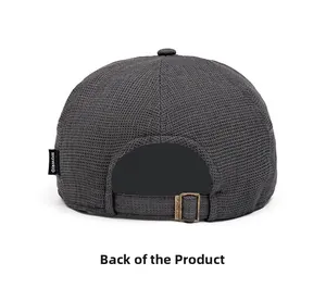 Detail of dark grey waffle texture beret with adjustable bronze metal buckle back view