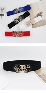 Detail of elastic waist belt with golden hollow rose metal buckle in four elegant colors