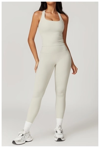 Detailed front view of high-waisted yoga leggings and brushed sports bra set