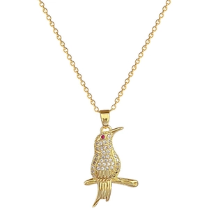 Luxurious gold-plated titanium sparrow bird pendant necklace with full white crystal pavé