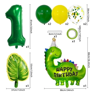 Kit ballon anniversaire dinosaure avec chiffre 1 vert et décor feuilles tropicales