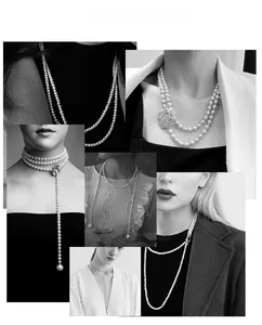 Detail of layered pearl sweater necklace with camellia flower and star charms