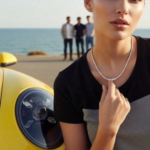 Sparkling S925 sterling silver moissanite tennis necklace worn by a fashion model outdoors