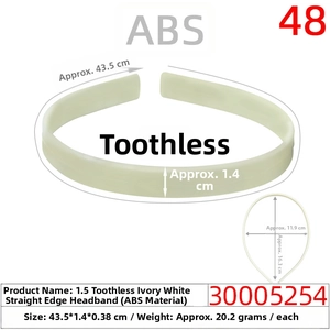 Detailed specs of ivory white ABS plastic headband frame with smooth toothless design