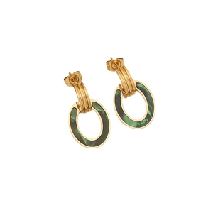 Elegant gold oval earrings with green marble inlay for a minimalist geometric look
