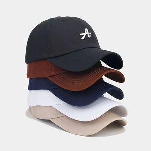 Stack of 5 cotton baseball caps in multiple colors featuring premium 3D letter A embroidery