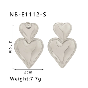 Silver stainless steel double heart earrings detail with measurements 3.1cm by 2cm