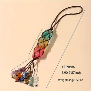 Detail showing the woven rainbow crystal stone pendant with colorful quartz stones