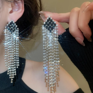 Silver needle rhombus tassel drop earrings with sparkling rhinestones in a modern style