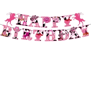 Pink Cowgirl Happy Birthday banner with cow print and disco ball party decorations