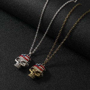 US flag skull pendant necklaces in silver and bronze finish with crystal inlays