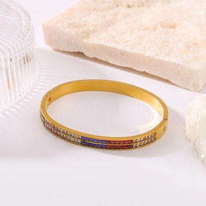 Stainless Steel Bangle Bracelet 18K Gold Plated Rainbow Cubic Zirconia Double Row Square Stones Dainty Luxury For Women