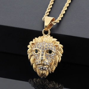 Hip hop gold lion head pendant necklace with sparkling rhinestones on twisted rope chain