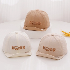 Breathable baby sun caps with bear embroidery in beige and brown, pack of three