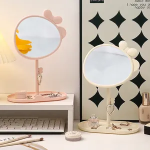 Desktop Makeup Mirror With Storage Base Tray Rotatable Bow Design Plastic High Definition Vanity Mirror For Bedroom
