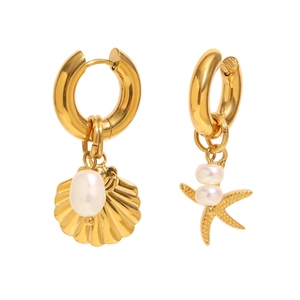 18K gold plated stainless steel starfish and pearl mismatched hoop earrings for women