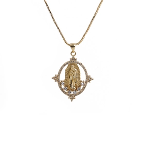 Elegant gold Virgin Mary oval pendant necklace with sparkling crystals and box chain link
