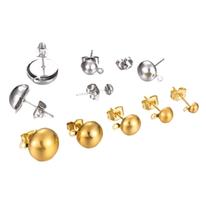 Polished gold and silver half-ball earring posts with hanging loops for DIY jewelry making