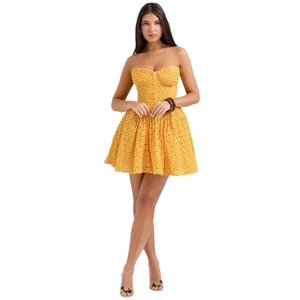 Ginger yellow lace mini dress featuring a strapless corset bodice and voluminous A-line skirt