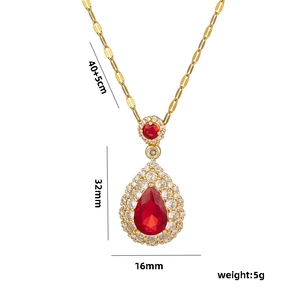 Detail showing red teardrop zircon pendant dimensions 32mm with 40+5cm gold chain