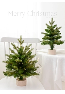 Detailed view of mini Christmas trees with warm LED lights and rustic wooden bases