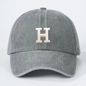 Unisex grey washed denim baseball cap with embroidered H logo for sun protection