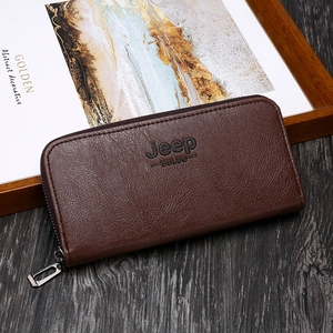 Deep brown long zip-around leather wallet for men with textured finish and brand logo