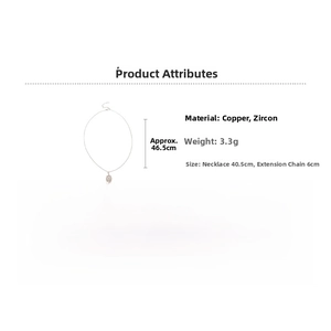 Detailed size chart for the zircon oval pendant necklace showing main and extension chain lengths