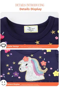 Detail of navy blue knit dress showing embroidered unicorn and branded neck label
