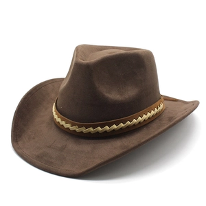 Classic dark brown suede western cowboy hat with a braided gold band on white background