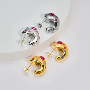 Retro C-shape chunky earrings with pink and purple gemstones in gold and silver finish