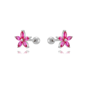 Detailed view of silver flower stud earring with pink zircon and S925 silver hallmark