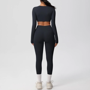 Rear view of high-elastic long sleeve crop top and high waist yoga leggings set in dark navy