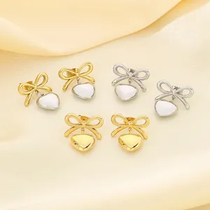 Bow Knot Heart Pendant Earrings Stainless Steel 18K Gold Plated Korean Style Chic Sweet Dangle Jewelry For Women