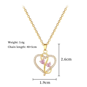 Detailed specs of gold heart necklace with pink gems, 2.6cm pendant on 40+5cm chain
