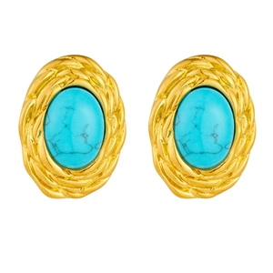Vintage oval turquoise earrings with gold-plated twisted rope stainless steel borders