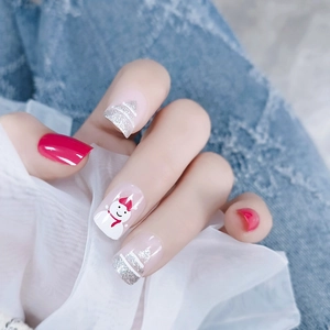 Christmas Press On Nails Short Square Round Snowman Glitter Christmas Tree Red White Silver Fake Nails For Holiday Party
