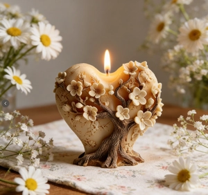 Detail der 3D-geprägten Herzbaum-Kerze mit kleinen weißen Blüten und feiner Textur