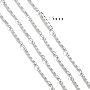 Macro shot of 15mm silver stainless steel bar chain connector links for jewelry