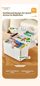 Three-tier white medicine storage box with tiered folding shelves and secure lock handle