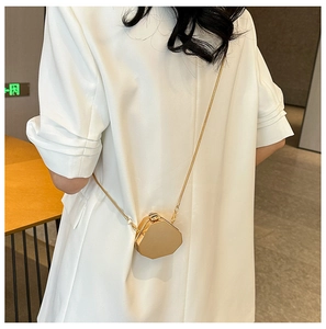 Close-up of golden acrylic mini crossbody chain bag shown on model for party styling