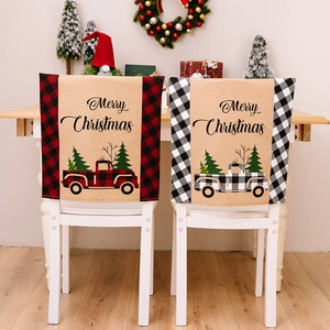 Christmas Chair Back Covers Linen Look Plaid Retro Truck Merry Christmas Print Farmhouse Dining Room Decor Holiday Party