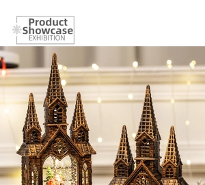 Close-up of vintage Gothic church Christmas water lantern with glowing LED light effects