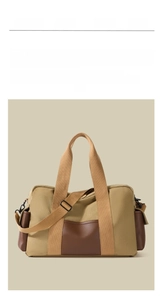 Detail view of khaki canvas travel bag featuring brown leather trim and side pocket