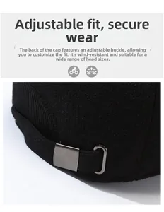Detail view of the adjustable metal buckle and black wool texture of this winter baseball cap
