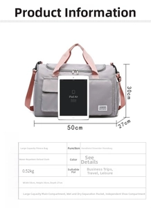 Size guide for large gym bag with dimensions 50x30x27cm and separate shoe compartment
