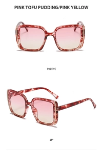 Detail view of retro square tortoise sunglasses with pink to yellow gradient lenses
