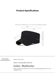 Détail du chapeau militaire noir avec guide des tailles et sangle réglable 55-60cm