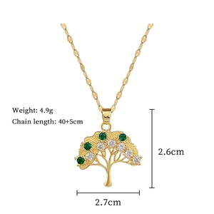 Detail view of colorful tree of life necklace with size specs: 2.7x2.6cm and 4.9g weight