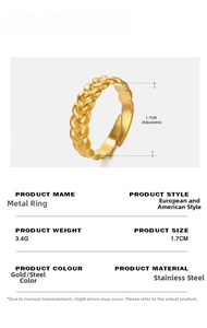 Detail showing the adjustable open twist design of this gold-plated stainless steel ring